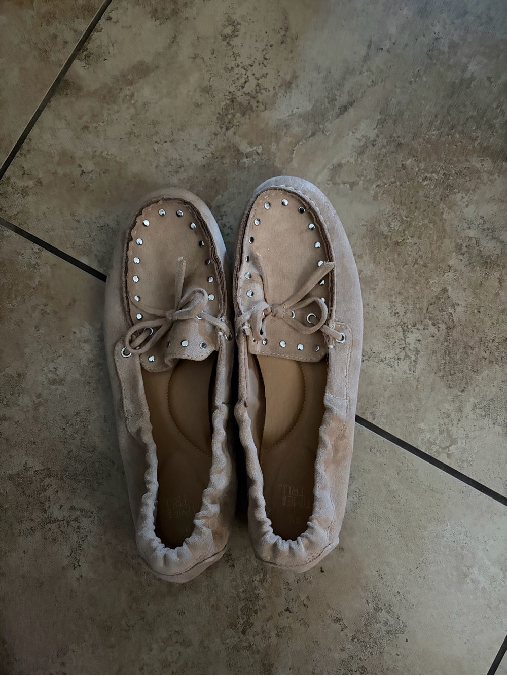 Time and Tru Light Beige Studded Suede Moccasin Loafers